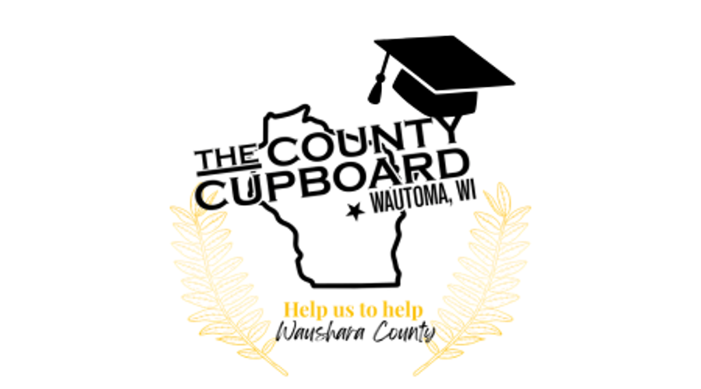 Image is a Logo for The County Cupboard, a thrift store in Wautoma, WI. The Logo is a black outline of the state of Wisconsin  with "The County Cupboard" words overtop and a graduation cap leaning to the side as if the state is wearing the cap. The logo is framed by gold leaf accents as it is to promote a $500 scholarship goal for the month of September