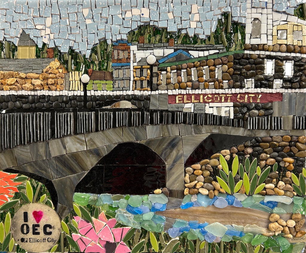 "Ellicott City" Mixed Media Mosaic 24"x20" depicting Historic Main Street, Ellicott City, MD and the Patapsco River
