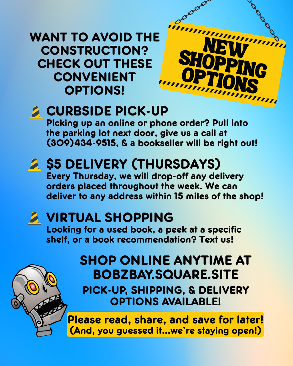 OUR STREET IS CLOSED FOR CONSTRUCTION LET’S STAY IN THE LOOP!  MAKE SURE YOU FOLLOW US ON SOCIAL MEDIA & SUBSCRIBE TO OUR EMAIL NEWSLETTER fOR THE LATEST UPDATES... & other fun book news of course! Please read, share, and save for later! (And come see us! We‘re still open!) 🚨 STARTING MAY 11, THE 400 BLOCK OF MAIN ST. (THAT’S US!) WILL BE CLOSED! WHAT DOES THIS MEAN FOR BOBZBAY? SCHEDULED EVENTS ARE STILL HAPPENING! All scheduled events will continue as planned, so we would love to see our community show u