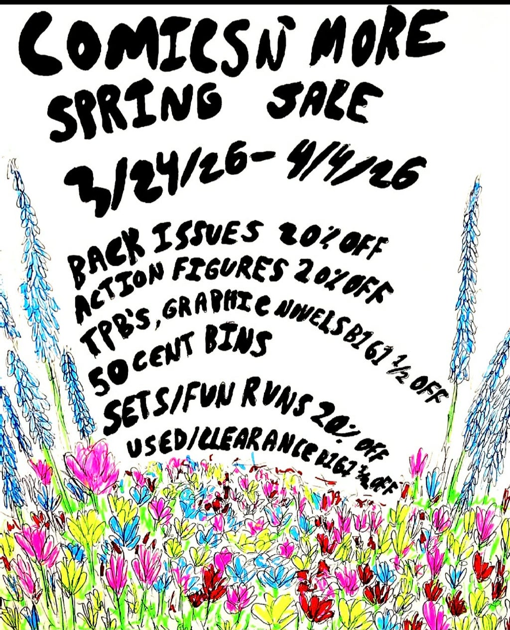 a promotional graphic for our Spring Sale by Sam. There's a field of colorful flowers along the bottom. It also includes the terms of sale as described in body of newsletter. 