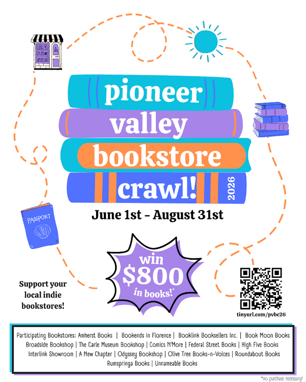 a promotional flyer for the 2026 Pioneer Valley Bookstore Crawl. June 1st - August 31st. Win $800 in books! Support your local indie bookstores. followed by a list of 16 book stores