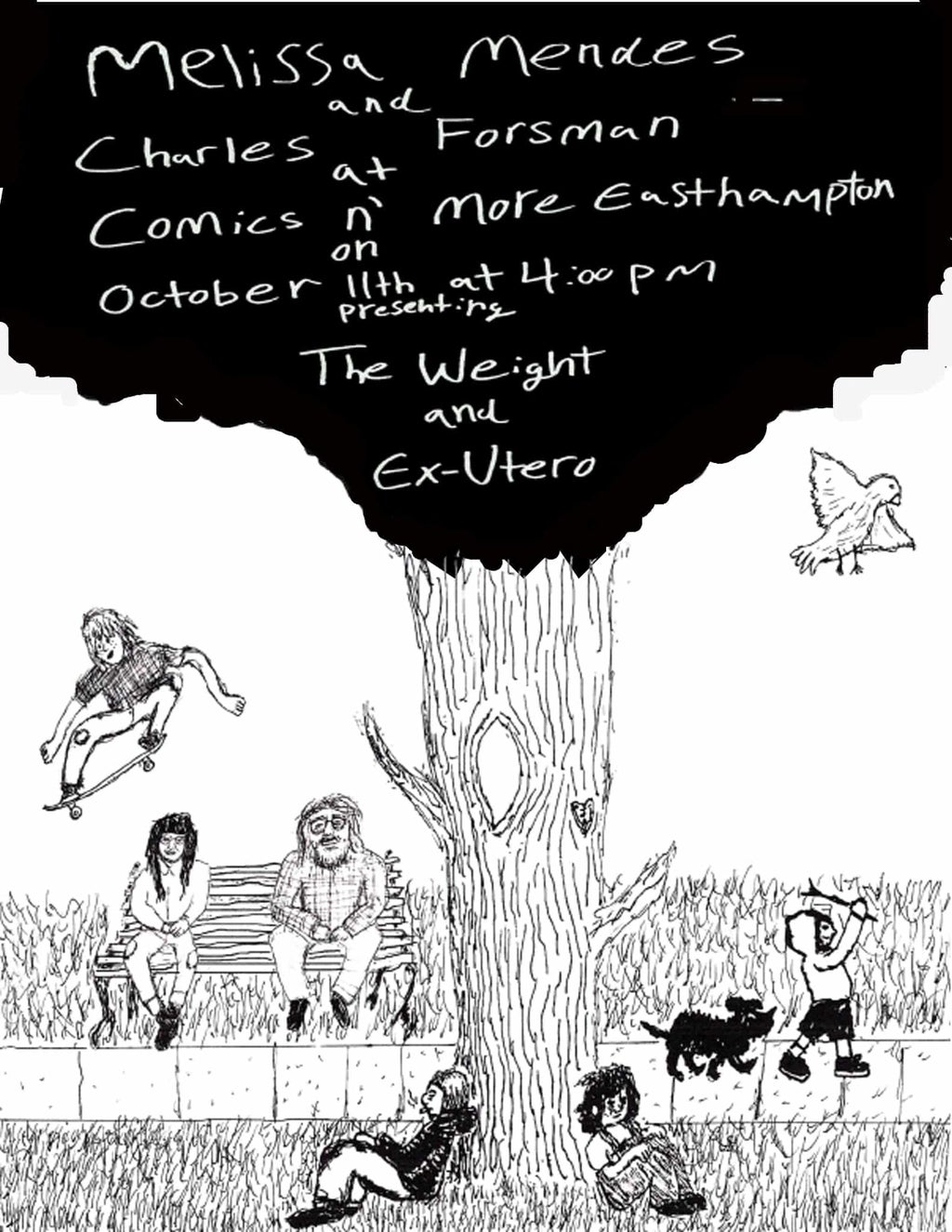 promotional poster by sam hadge for our event with melissa mendes and charles forsman