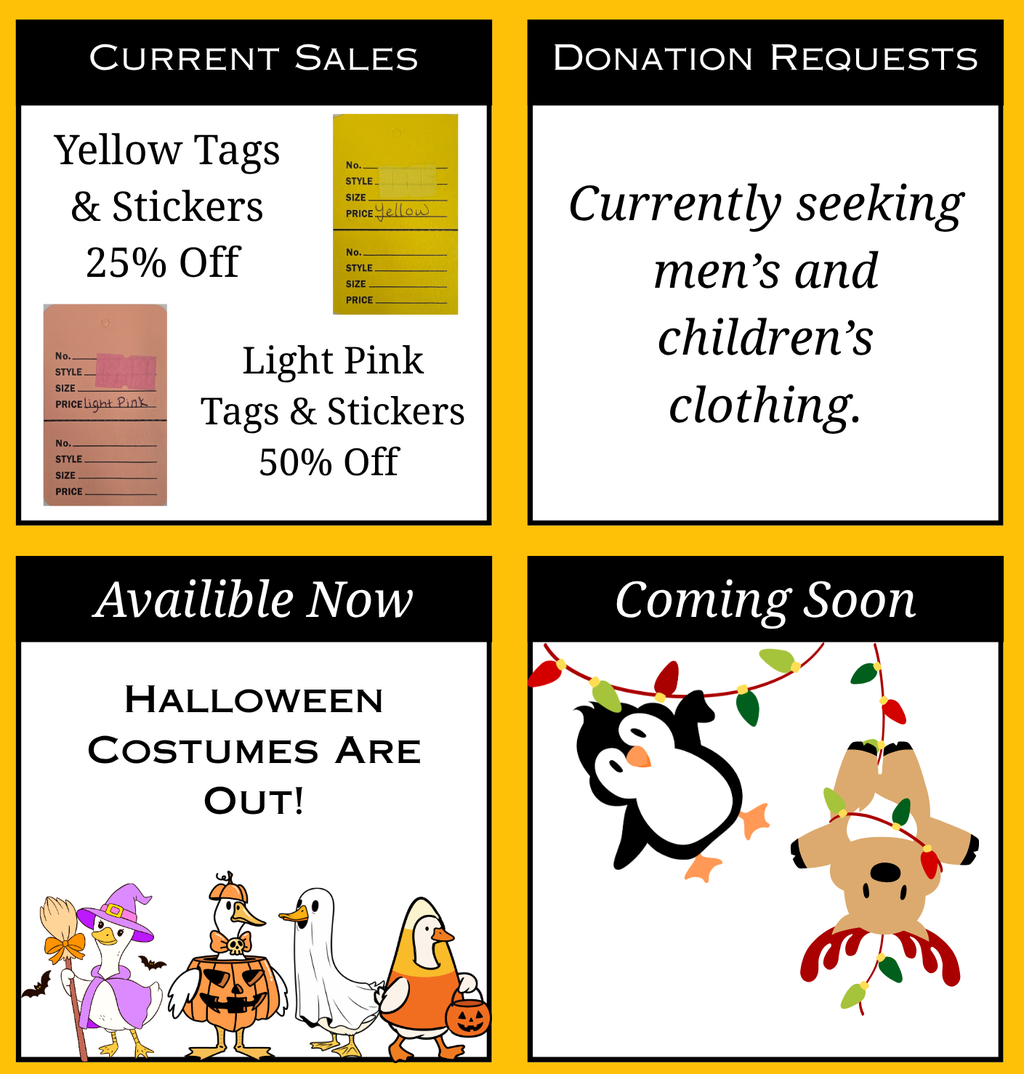 Newsletter with four sections: current sales (BOGO and 50% off red tags), request for men's clothing donations, Packers apparel and furniture available, and a preview of fall merchandise coming soon.