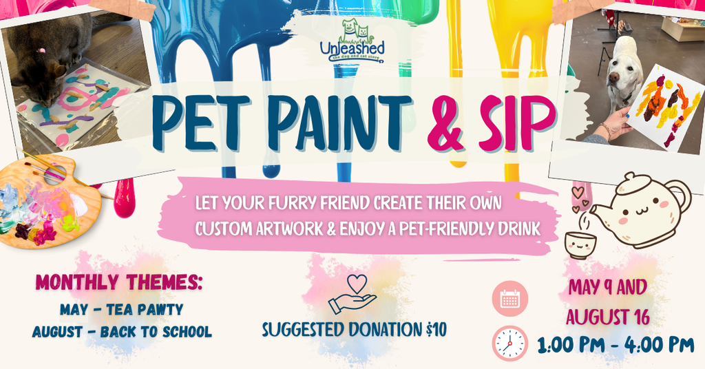 Pet Paint & Sip Flyer listing out the monthly themes (May - Tea Party. August - Back to School), Suggested donation of $10, and the time of 1:00pm-4:00pm