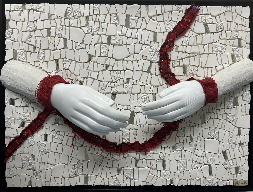 "Soul Mates" Mixed Media Mosaic; 24" wide by 18" high; image is of two hands connected by a red ribbon
